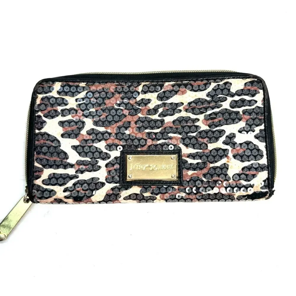 Betsey Johnson Leopard Sequin Zip Around Wallet